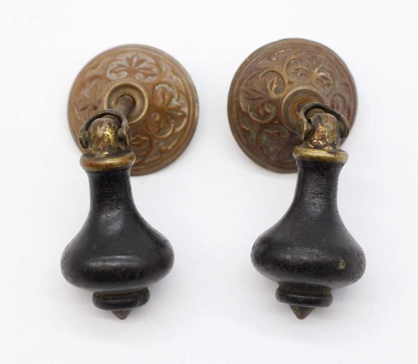 Cabinet & Furniture Pulls - Antique Pair of Black Wood & Brass Drawer Drop Pulls