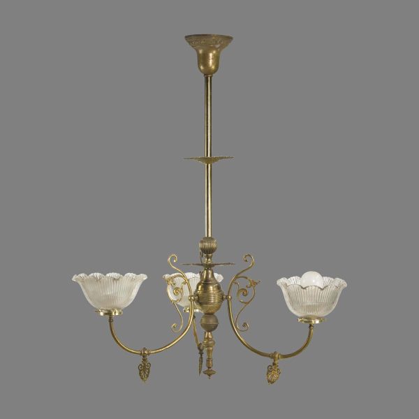 Chandeliers - Victorian Gas Converted 3 Shaded Arm Brass Chandelier