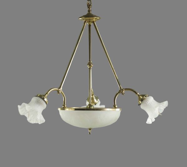 Chandeliers - Vintage Etched White Dish 3 Ruffled Shade Brass Arm Chandelier