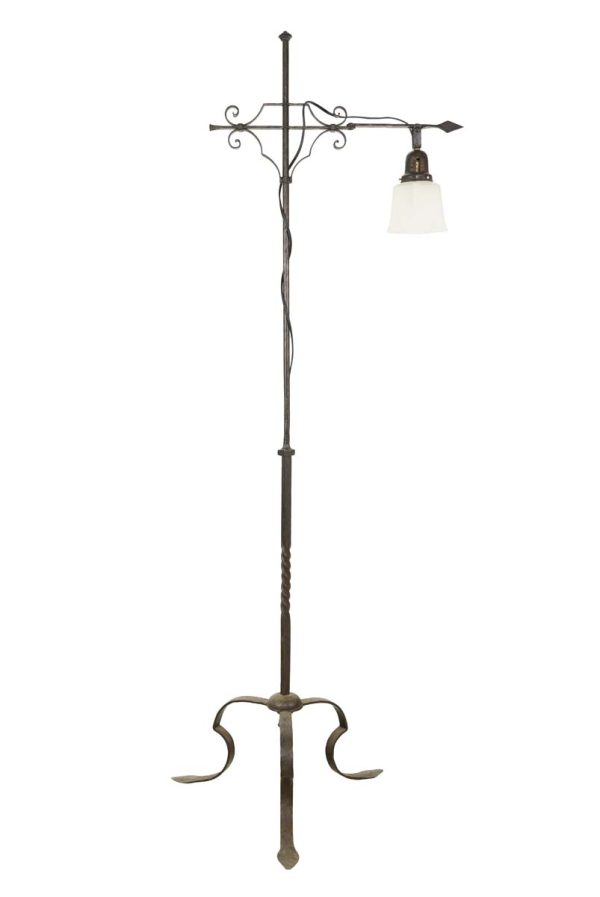 Floor Lamps - 1910s Wrought Iron & Down Shade Glass Adjustable Floor Lamp