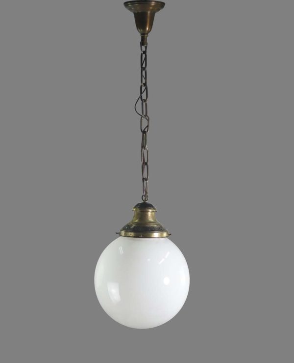 Globes - Vintage Traditional Ball Milk Glass & Brass Chain Pendant Light