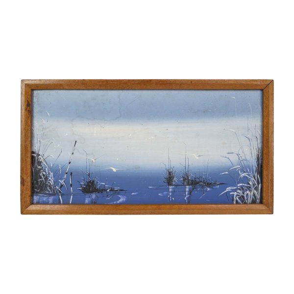 Paintings - Vintage Framed Canvas Gulls & Reeds Over Beach Painting