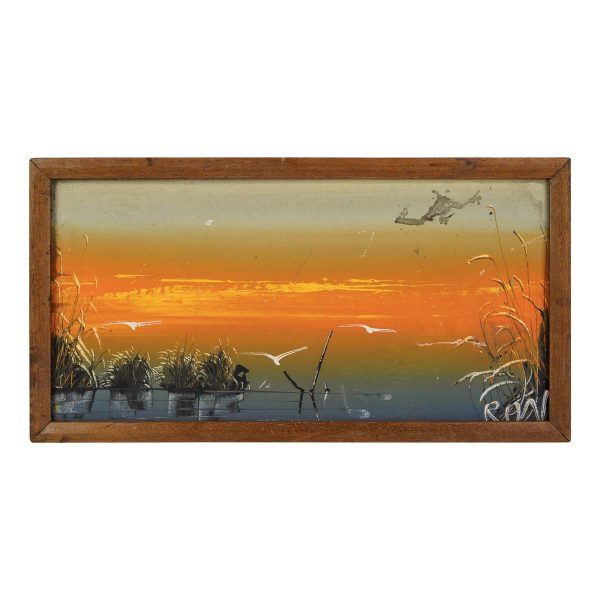 Paintings - Vintage Framed Canvas Seagulls & Sunset Beach Painting