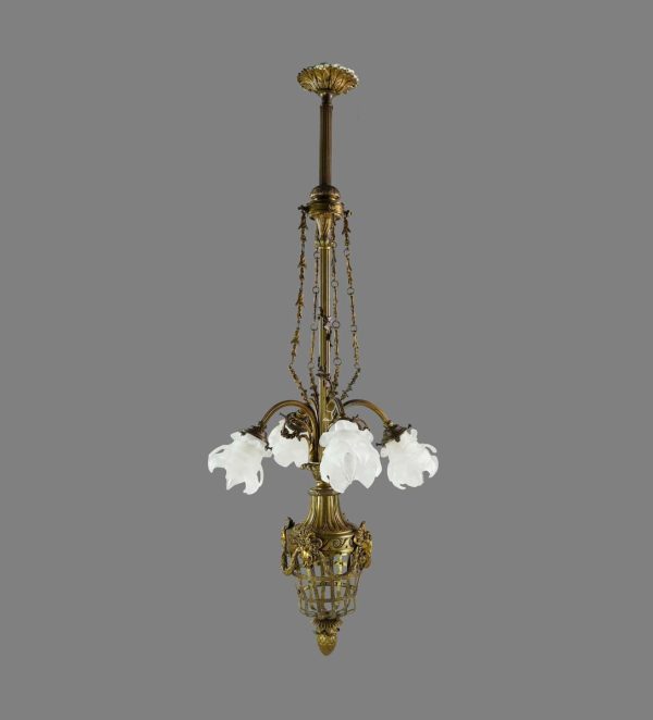 Chandeliers - French Figural Bronze 4 Arm Ruffled Glass Shades Pendant Light
