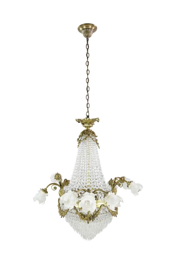 Chandeliers - Restored Brass & Crystal 9 Arm Ruffled Glass Shades Chandelier