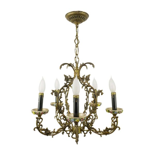 Chandeliers - Vintage Rococo Brass Colored Floral 5 Arm Chandelier
