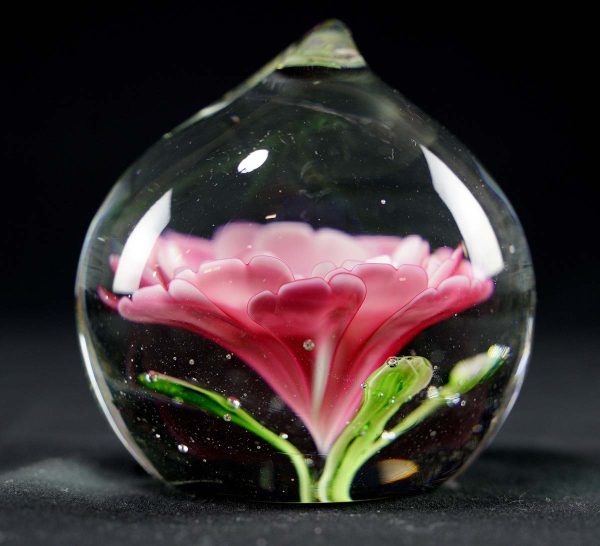 Decorative Glass - Vintage Hand Blown Art Glass Pink Flower Clear Dome Paperweight