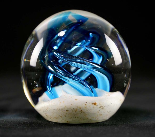 Decorative Glass - Vintage Hand Blown Art Glass Sand & Blue Spirals Clear Dome Paperweight