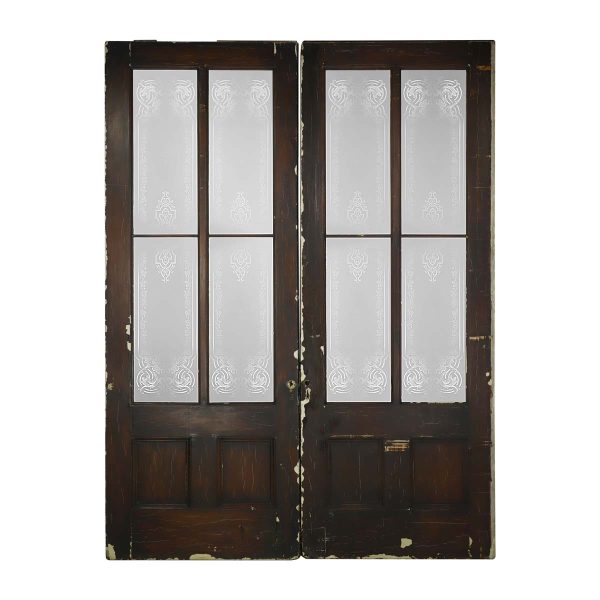 Pocket Doors - Art Nouveau Etched Glass Lites Pocket Double Doors 123.5 x 46