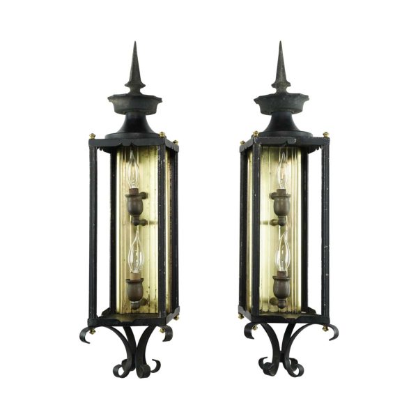 Sconces & Wall Lighting - Pair of Colonial Double Candelabra Lantern Wall Sconces
