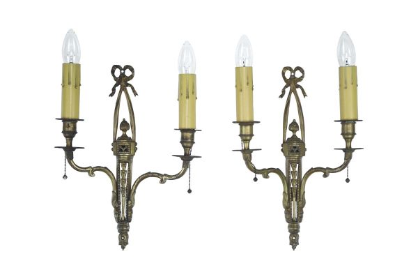 Sconces & Wall Lighting - Pair of Neoclassical Foliate 2 Arm Brass Wall Sconces
