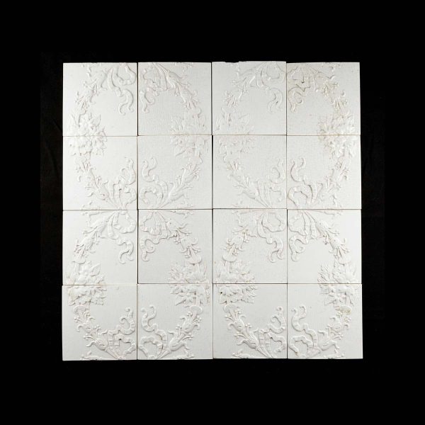 Tile Murals  - Antique Trenton White Porcelain Wreath Floral Tile Set