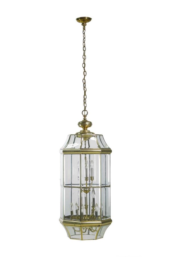 Wall & Ceiling Lanterns - Reclaimed Octagon Beveled Glass & Brass Frame Pendant Lantern