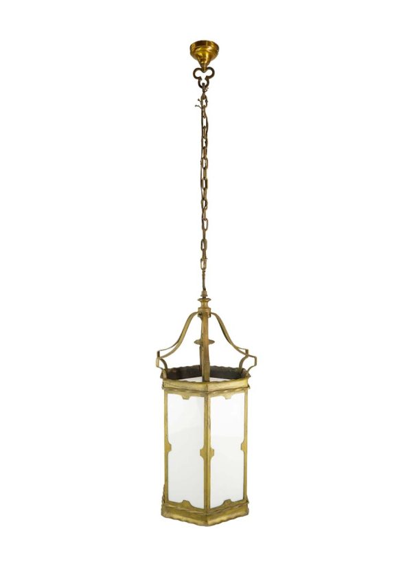 Wall & Ceiling Lanterns - Traditional Brass Plated Steel White Glass Panels Hanging Lantern