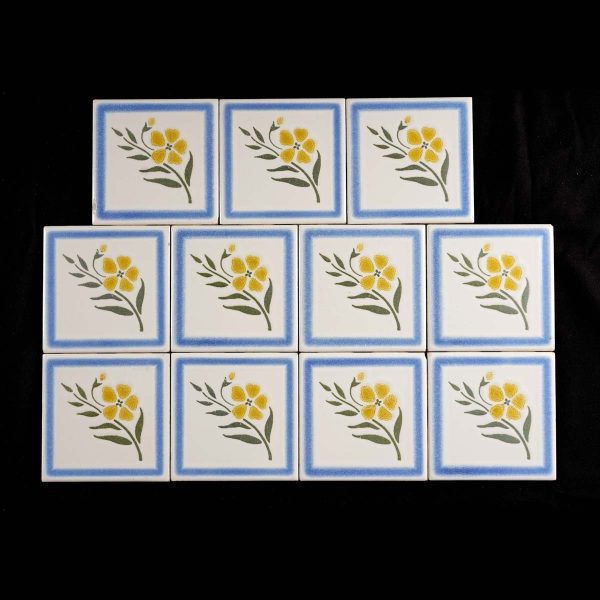 Wall Tiles - Antique Blue & White Yellow Flower 4.25 in. Square Wall Tile Set