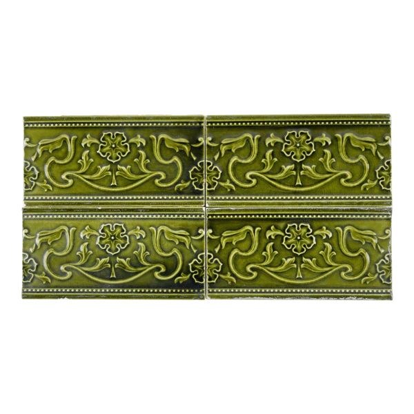 Wall Tiles - Antique Ceramic Green Flower Motif 6 x 3 Wall Tile Set