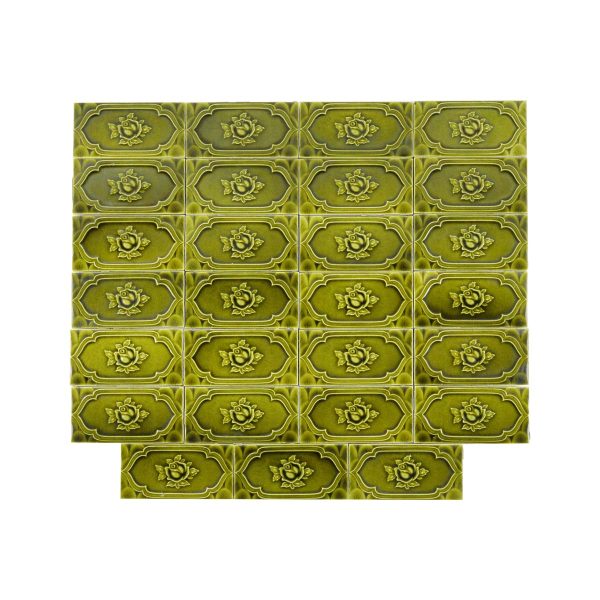 Wall Tiles - Antique H & R Johnson Green Rose Ceramic 6 x 3 Wall Tile Set