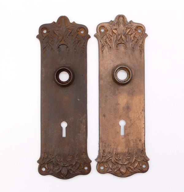 Back Plates - Pair of Antique 7.5 in. Romanesque Bronzed Cast Iron Door Back Plates