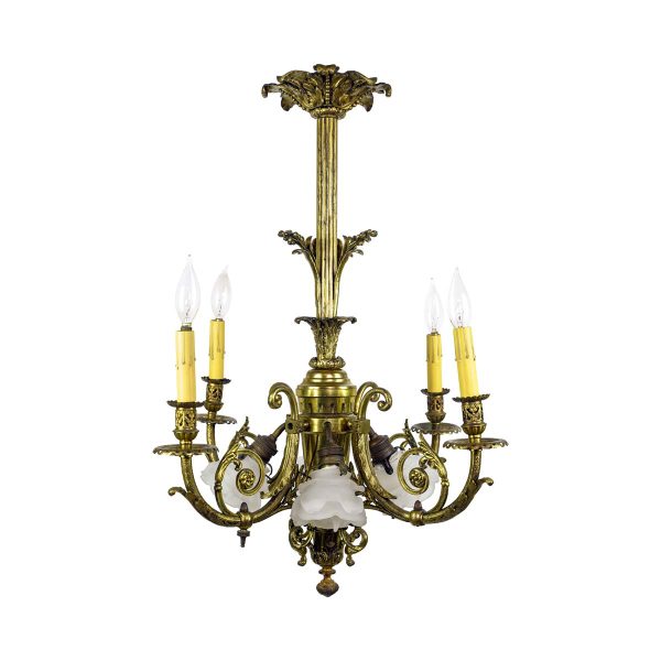 Chandeliers - French 19th Century 8 Light Brass Frosted Shades Chandelier