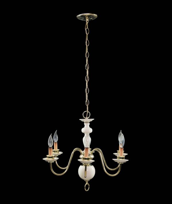Chandeliers - Vintage Italian 6 Arm Brass Plated & White Porcelain Chandelier