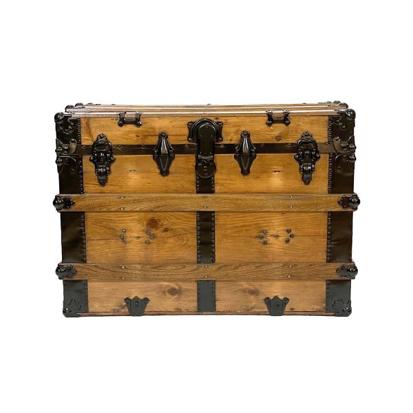 Chests - Antique Flat Top Wheeled Wooden Trunk with Leather Handles