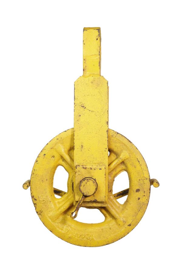 Industrial - Vintage 26.5 in. Yellow Loop Steel Pulley with 16 in. Wheel