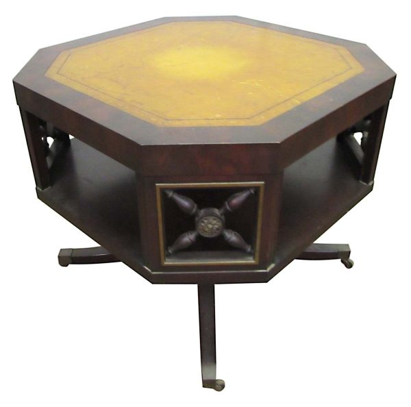 Living Room - Antique Octagon Shaped Leather Top Rolling Side Table