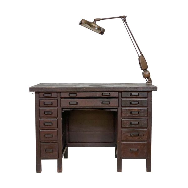 Office Furniture - The Pelham Co. Antique Wood Jewelers Desk with Magnifying Glass Lamp Light