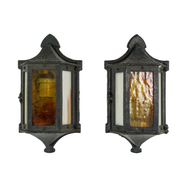 Sconces & Wall Lighting - Pair of Art & Crafts Cast Iron Stained Glass Outdoor Wall Sconces