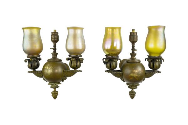 Sconces & Wall Lighting - Pair of Victorian Brass 2 Arm Iridescent Glass Shades Wall Sconces