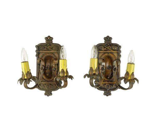 Sconces & Wall Lighting - Pair of Victorian Bronze Washed Iron 2 Arm Wall Sconces