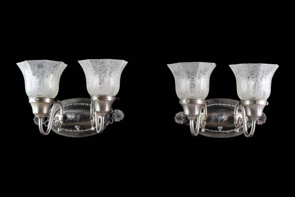Sconces & Wall Lighting - Pair of Victorian Steel 2 Arm Etched Glass Shades Wall Sconces
