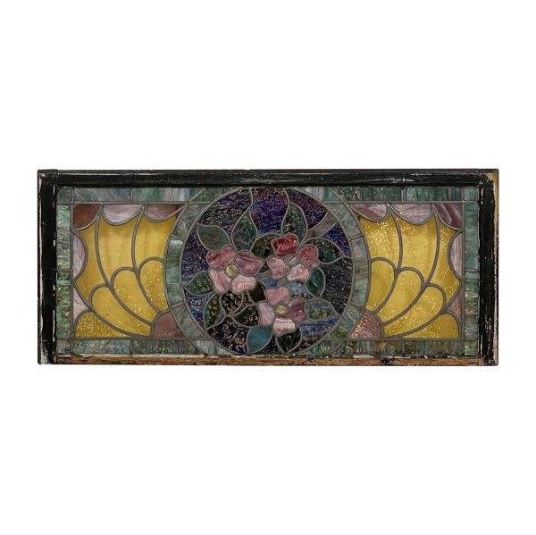 Stained Glass - Antique Colorful Flower Stained Glass Transom Window