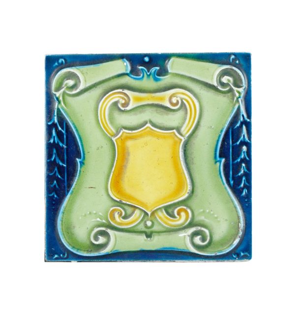 Wall Tiles - Antique Green Blue & Yellow Raised Shield Wall Tile