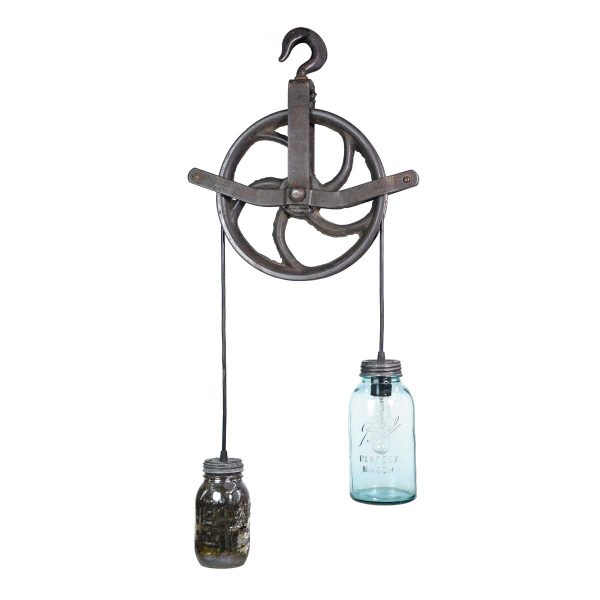 Altered Antiques - Repurposed Industrial Steel Pulley Glass Mason Jars Pendant Light