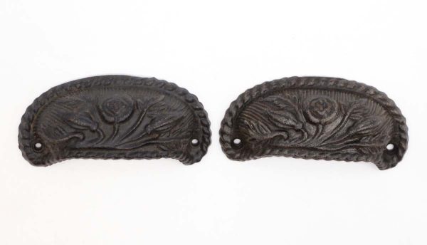 Cabinet & Furniture Pulls - Pair of Antique 4 in. Black Cast Iron Floral Bin Pulls
