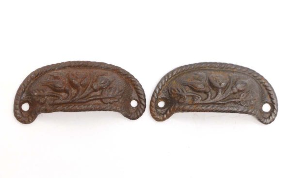 Cabinet & Furniture Pulls - Pair of Antique 4 in. Cast Iron Floral Bin Drawer Pulls