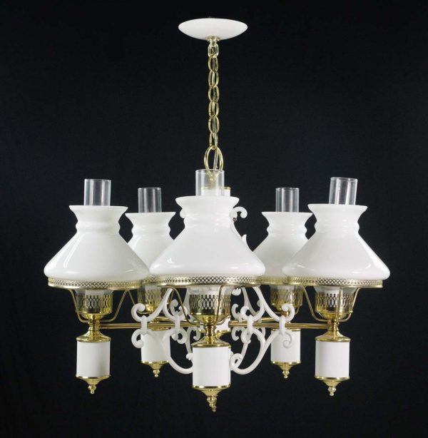 Chandeliers - Victorian 5 Arm White Glass Shades Steel & Aluminum Chandelier