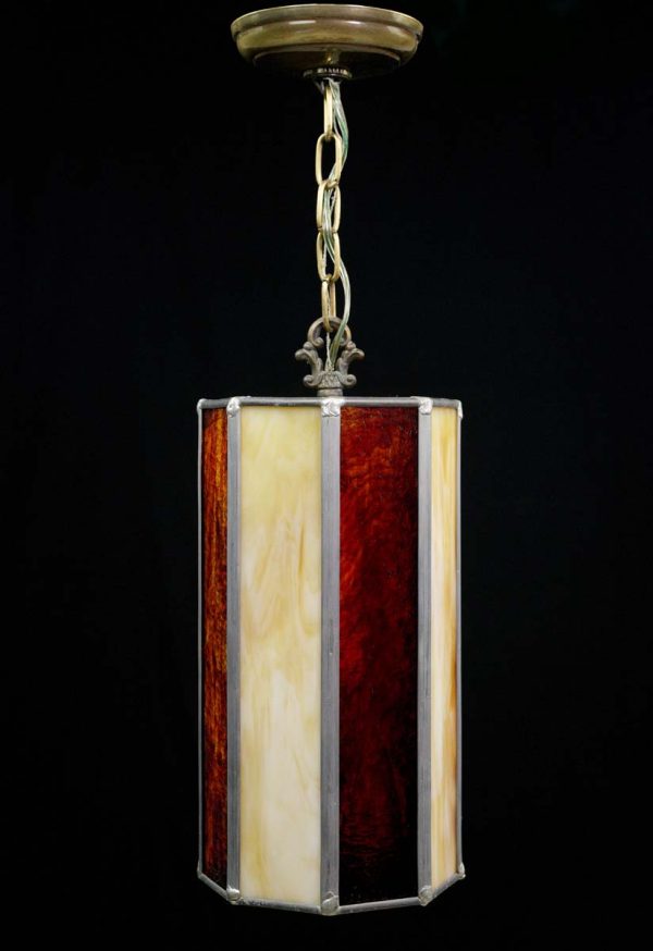 Down Lights - Vintage Red & Tan Leaded Stained Glass Brass Chain Pendant Light