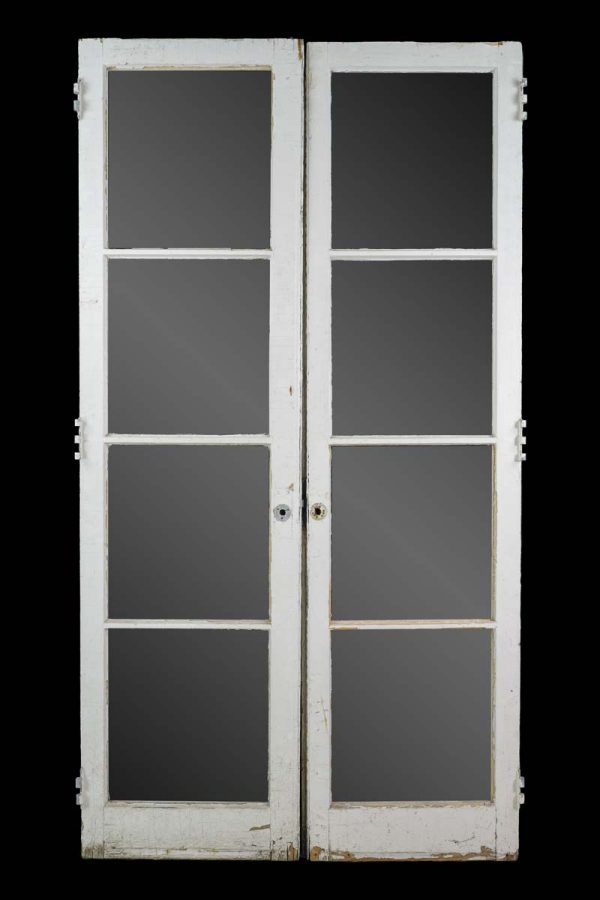 French Doors - Vintage 4 Lite White Painted Pine French Double Doors 82.5 x 45