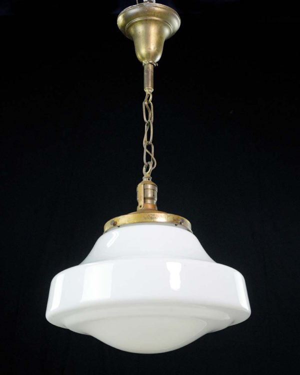 Globes - Antique 15 in. Schoolhouse White Milk Glass & Brass Chain Pendant Light