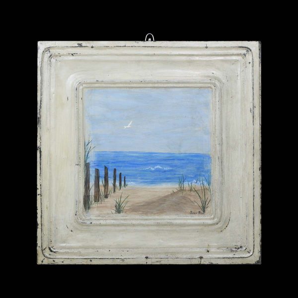 Hand Painted Panels - Hand Painted Acrylic Beach Scene White Antique Tin Panel