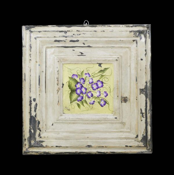 Hand Painted Panels - Hand Painted Acrylic Purple Pansy Tan Antique Tin Panel