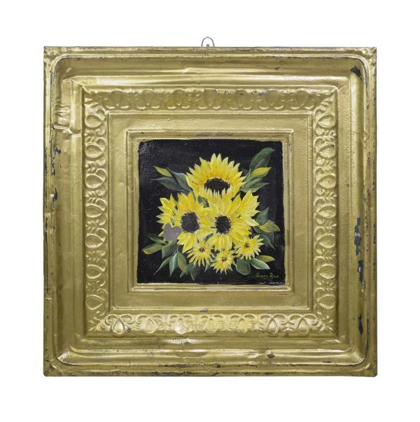 Hand Painted Panels - Hand Painted Acrylic Sunflower Gold Antique Tin Panel