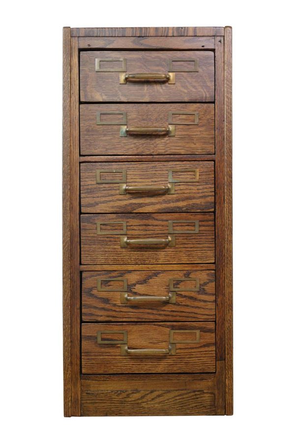 Office Furniture - Antique Tiger Oak 6 Steel Drawer Filing Cabinet with Brass Hardware