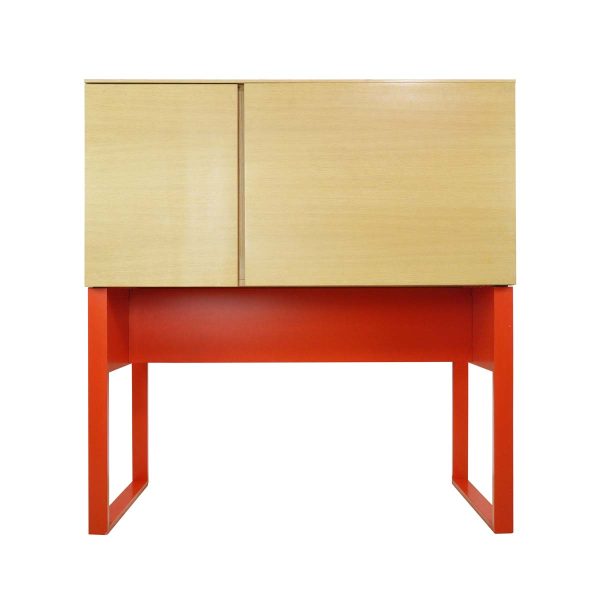 Office Furniture - Modern Red Steel & Pine Top Enclosed Desk with Built In Outlet