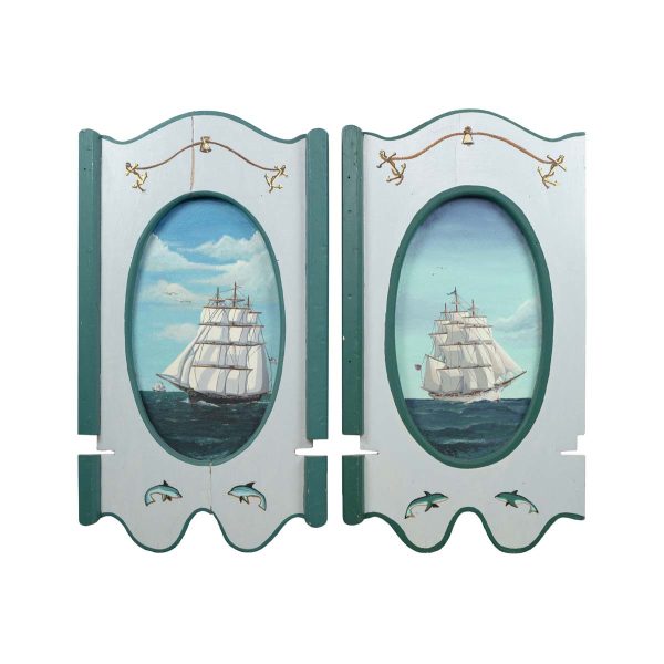 Other Wall Art  - Pair of Hand Painted Sailboat White & Blue Wooden Wall Art Pieces