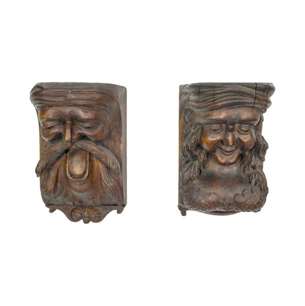 Other Wall Art  - Pair of Reclaimed Carved Wooden Figural Corbels Shelves