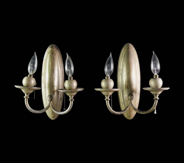 Sconces & Wall Lighting - Pair of Antique Traditional Bradley & Hubbard Silvered Brass 2 Arm Wall Sconces