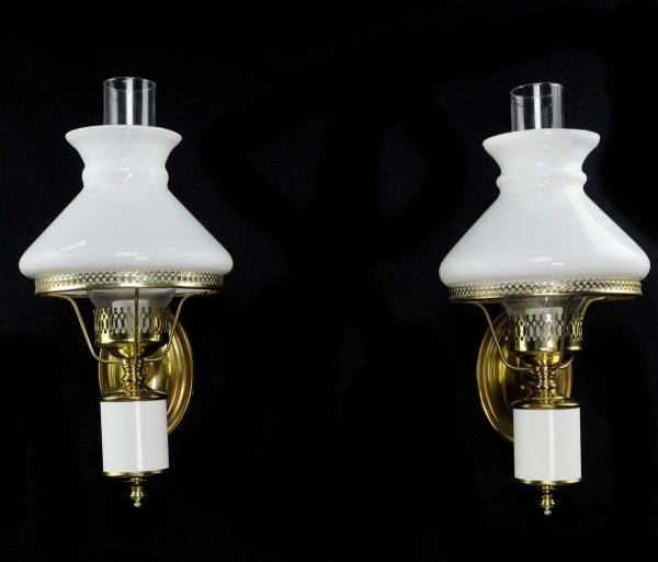 Sconces & Wall Lighting - Pair of Victorian Brass Finished Steel & White Glass Shade Wall Sconces